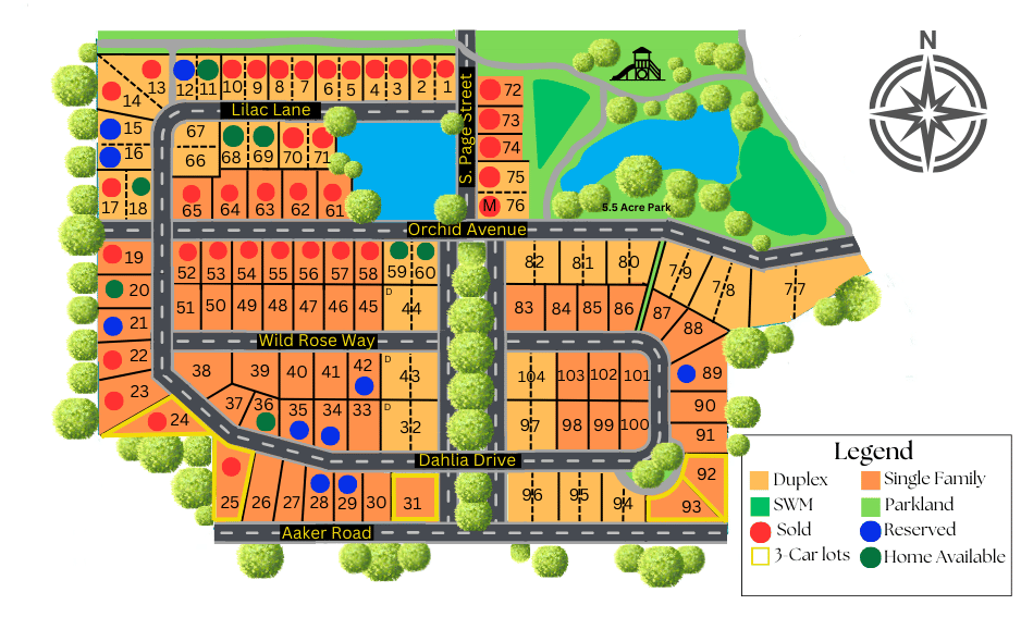 Plat Map of Magnolia Springs showing available, reserved, and sold lots.
